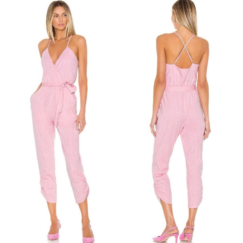 Lovers + Friends EMILY Jumpsuit Size M Pink Cross Top Ruched Ankles Belted